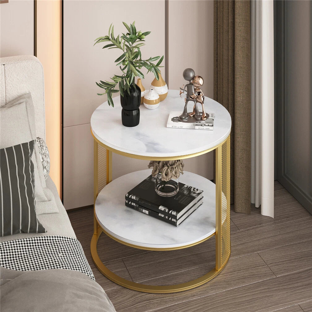 White Marble Side End Table Round Coffee Accent Table Nightstand Gold Iron Frame