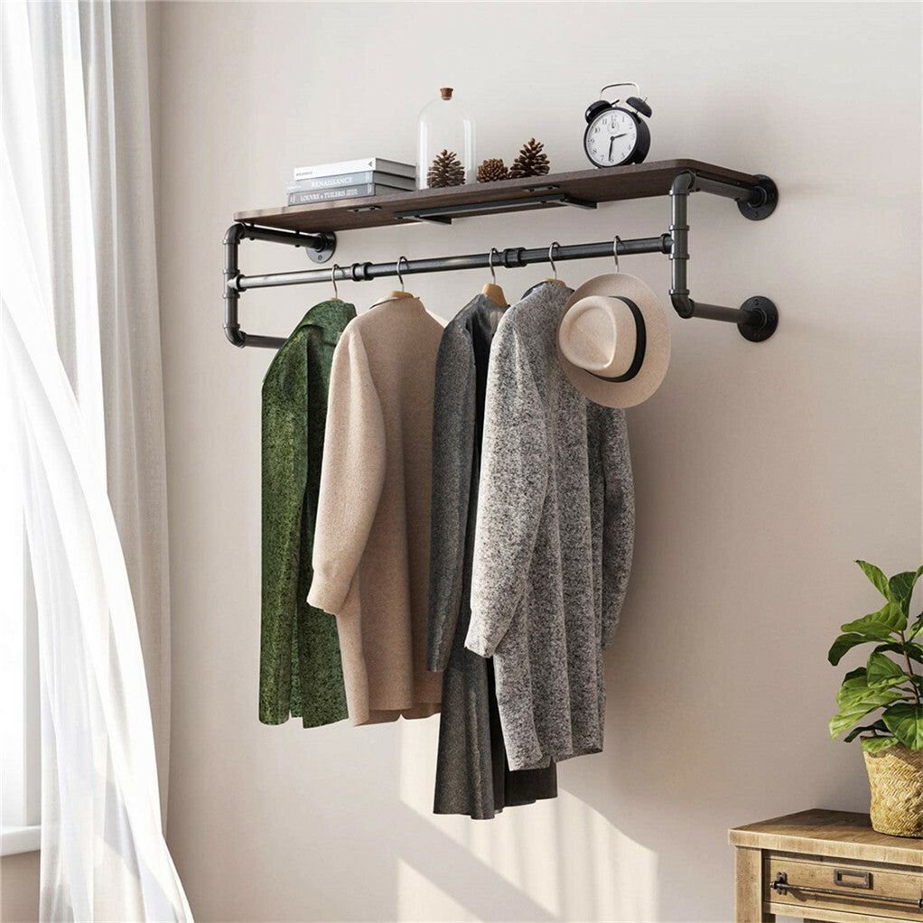 104cm Pipe Clothes Rail Wall Mounted Garment Hanging Rack Wardrobe With Shelf