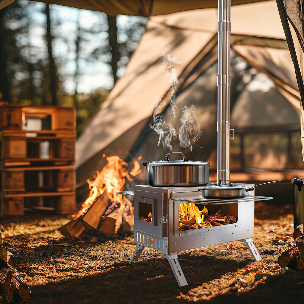 P&P Portable Camping Tent Stove Stainless Steel Wood Burning Stove w/ 7 Chimney Pipe