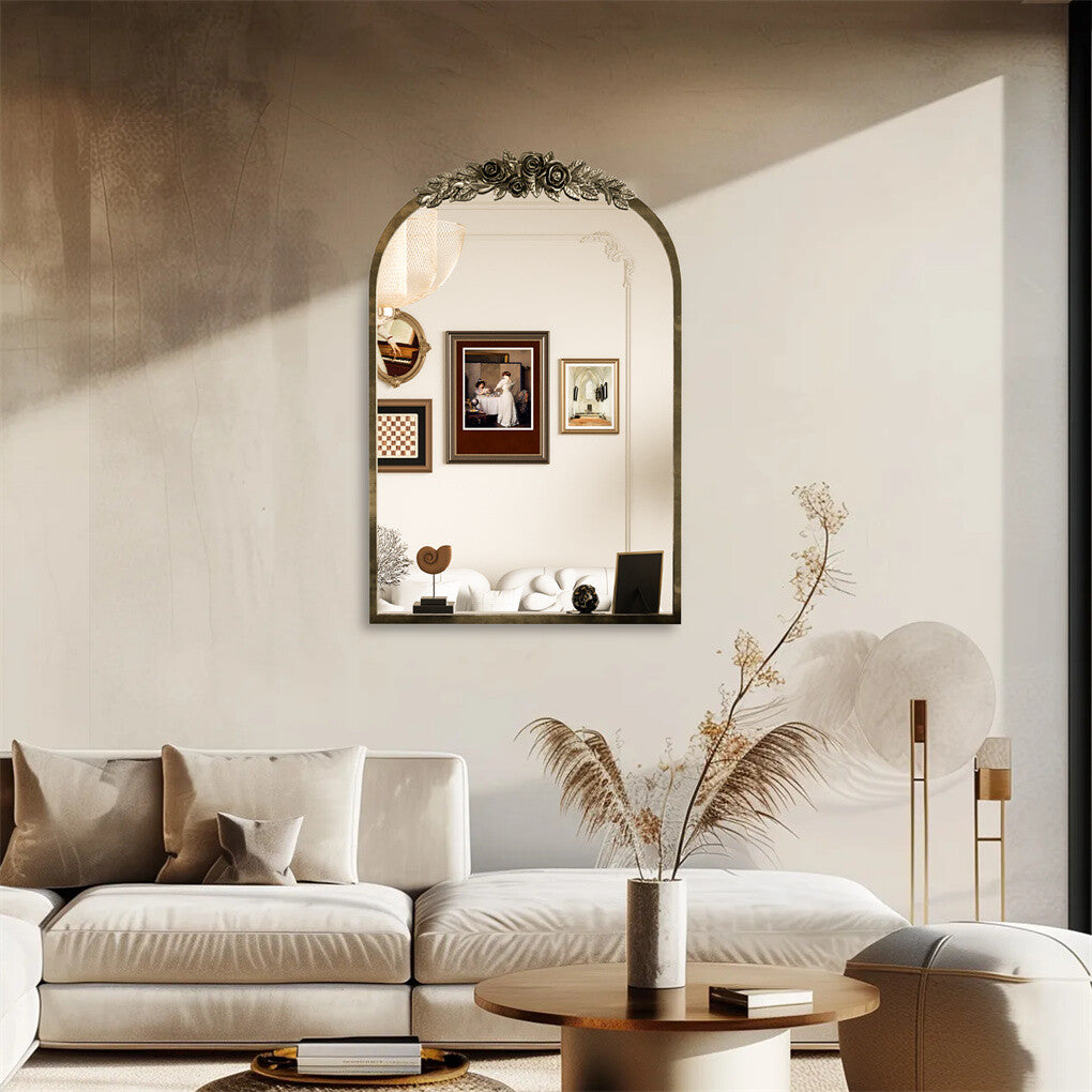 P&P Antique Baroque Arched Wall Mirror Rose Edge Decorative Mirror Fireplace Entrywa