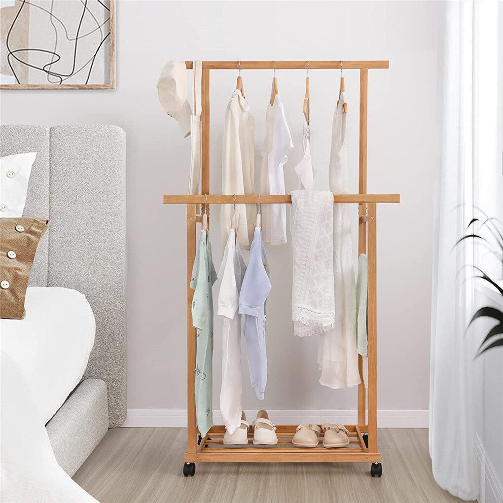 P&P Heavy Duty Bamboo Garment Rack Freestanding Rolling Clothes Trousers Scarf Rack