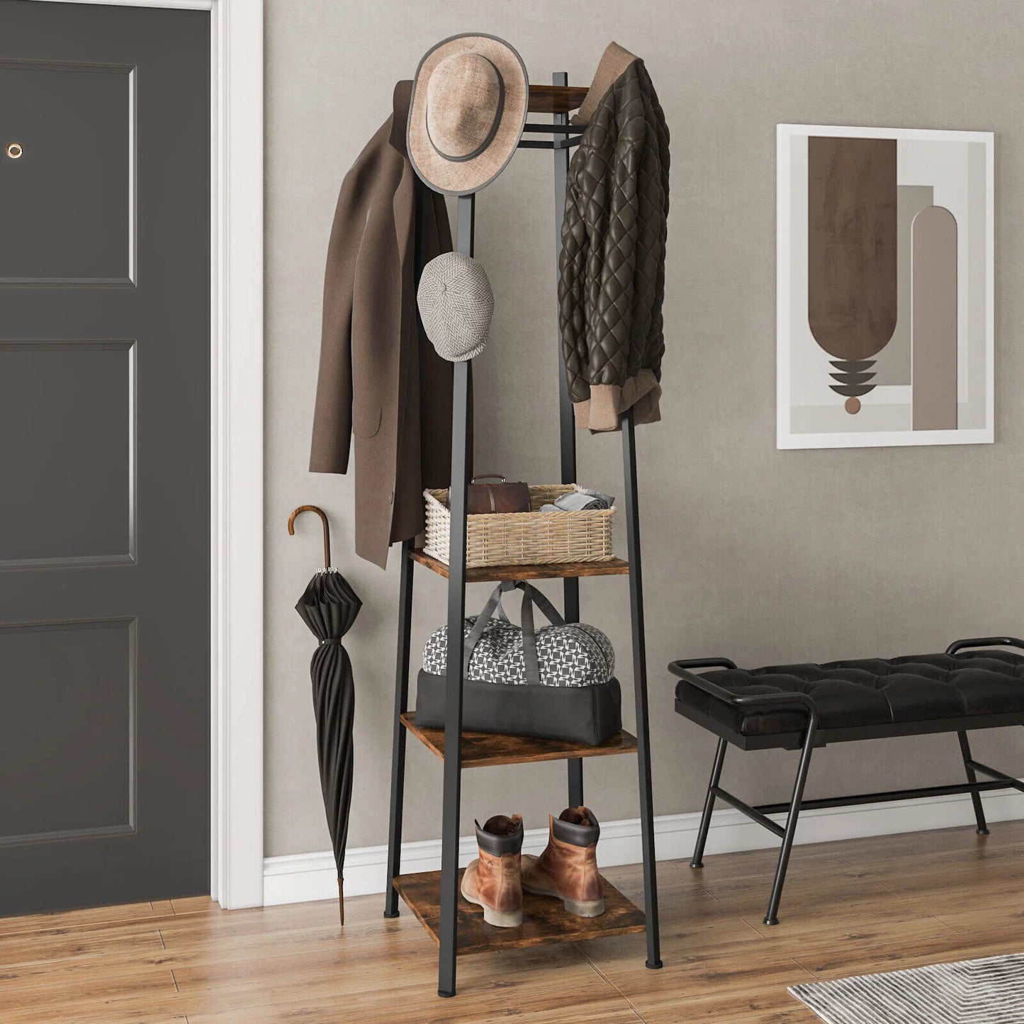 P&P Hall Tree Entryway Tower Coat Rack Stand with Storage Shelf 8 Hook Clothes Rail