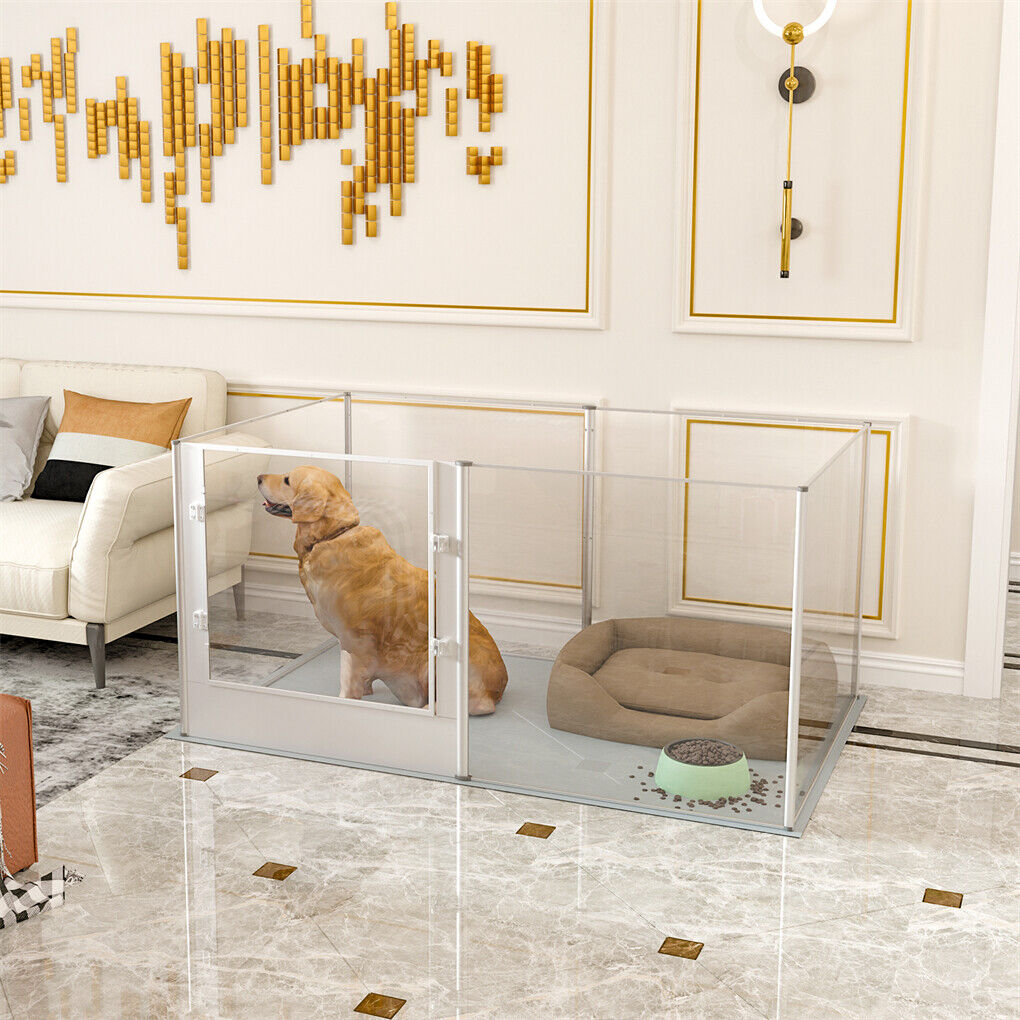 P&P 6 Panels Large Acrylic Dog Playpen Fence Lockable Thicken Pet Whelping Box w Mat