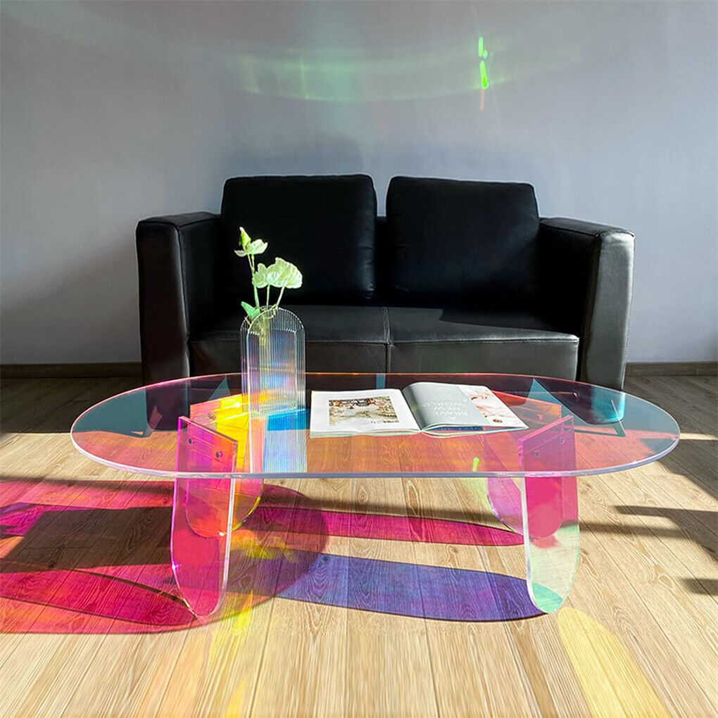 P&P Colorful Acrylic Coffee Table Iridescent Glass End Side Table Oval Accent Table