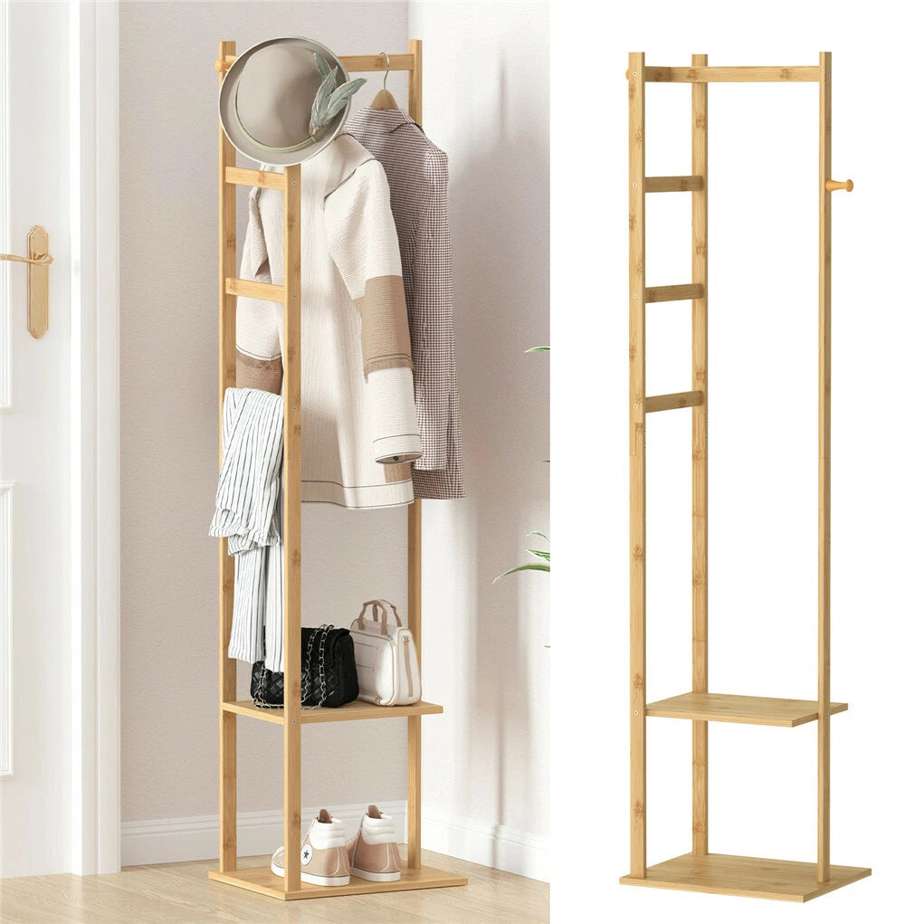 Premium Bamboo Coat Stand Corner Clothes Rack Garment Shelf Hanging Rail Hooks