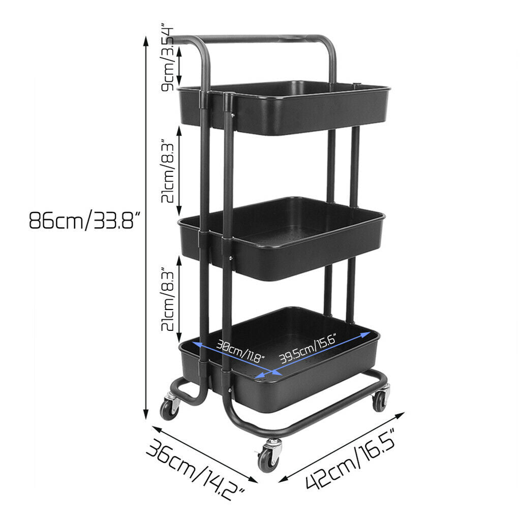 P&P 3-Tier Rolling Cart Basket Storage Serving Trolley Organiser w/ Ergonomic Handle