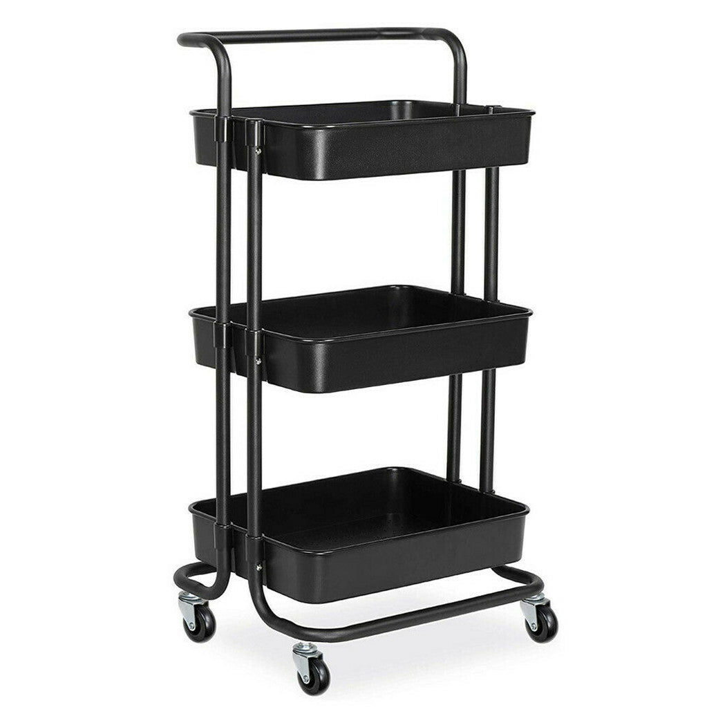 P&P 3-Tier Rolling Cart Basket Storage Serving Trolley Organiser w/ Ergonomic Handle