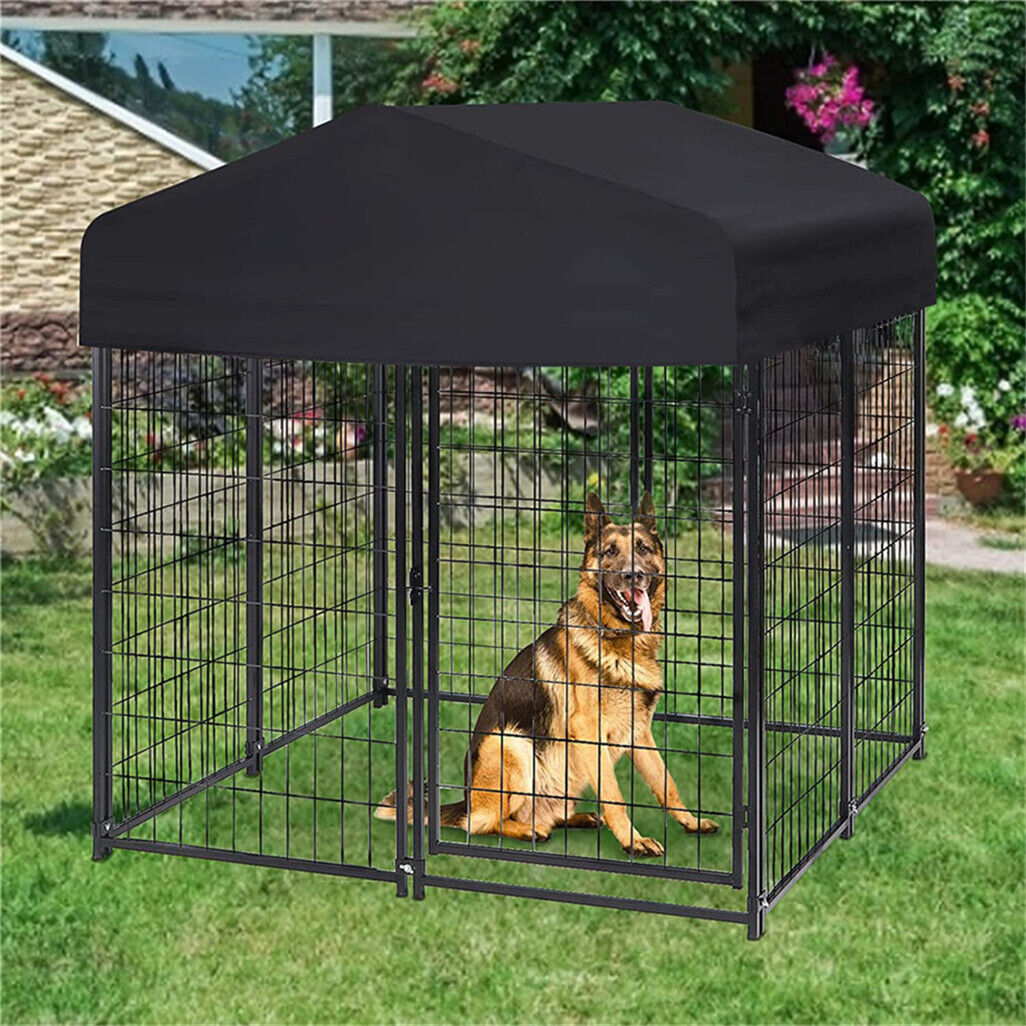 P&P Black Powder Coat Steel Frame Dog Kennel Pet Playpen Enclosure Dog House w Roof