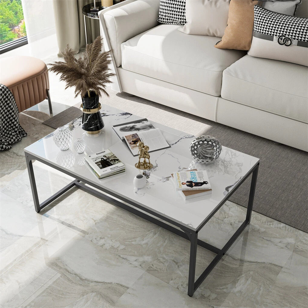White & Black Rectangular Sintered Stone Coffee Table with Sleek Frame