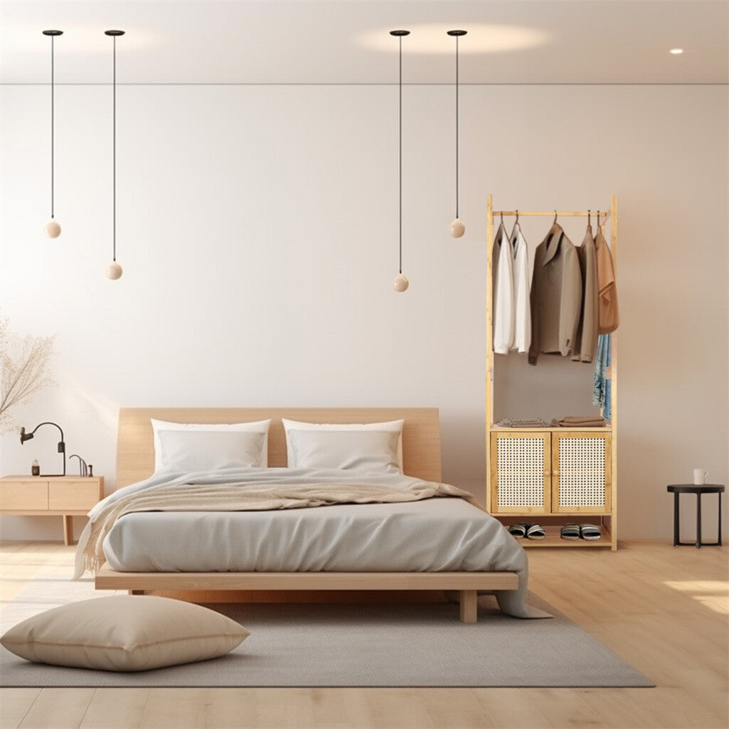 P&P Ultra Tall Bamboo Clothes Rack Open Closet with Cabinet & Shelf & Hanging Rod