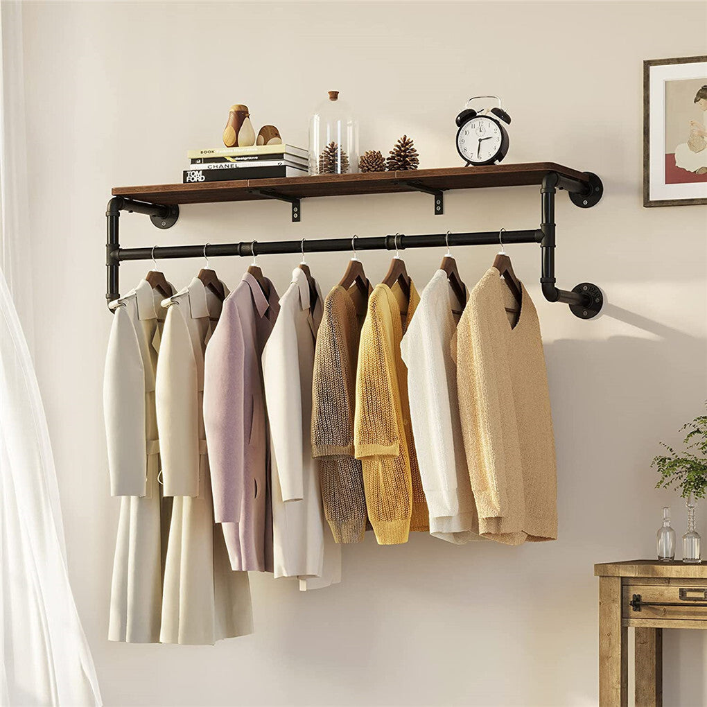 104cm Pipe Clothes Rail Wall Mounted Garment Hanging Rack Wardrobe With Shelf