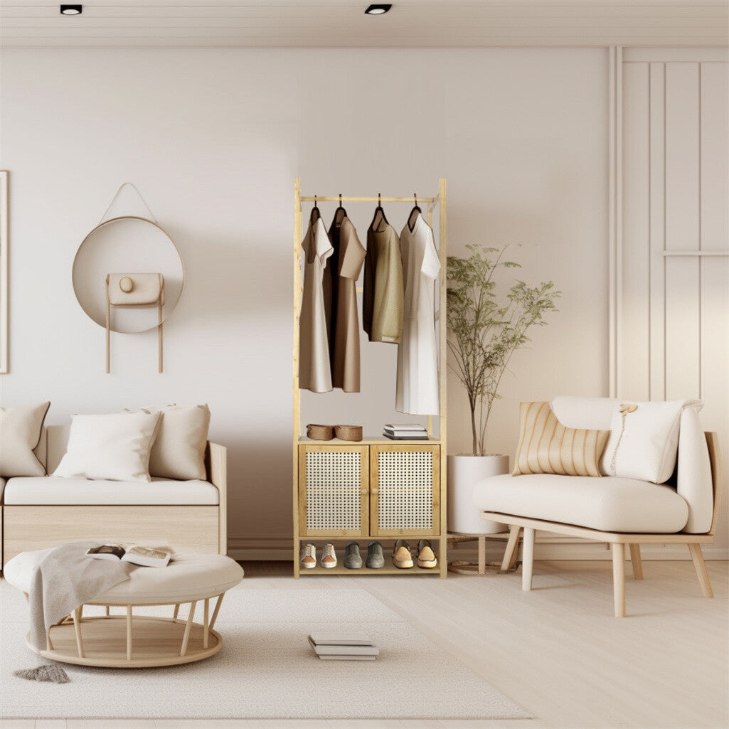 P&P 1.7m Natural Bamboo Garment Rack Clothes Stand w/ 8 Side Hanging Bars & Cabinet