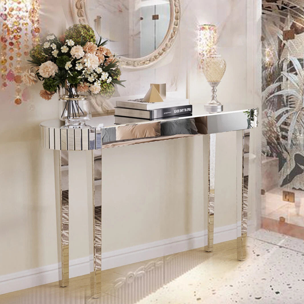 Silver Mirrored Console Table With Oval Frame And Chic Modern Finish