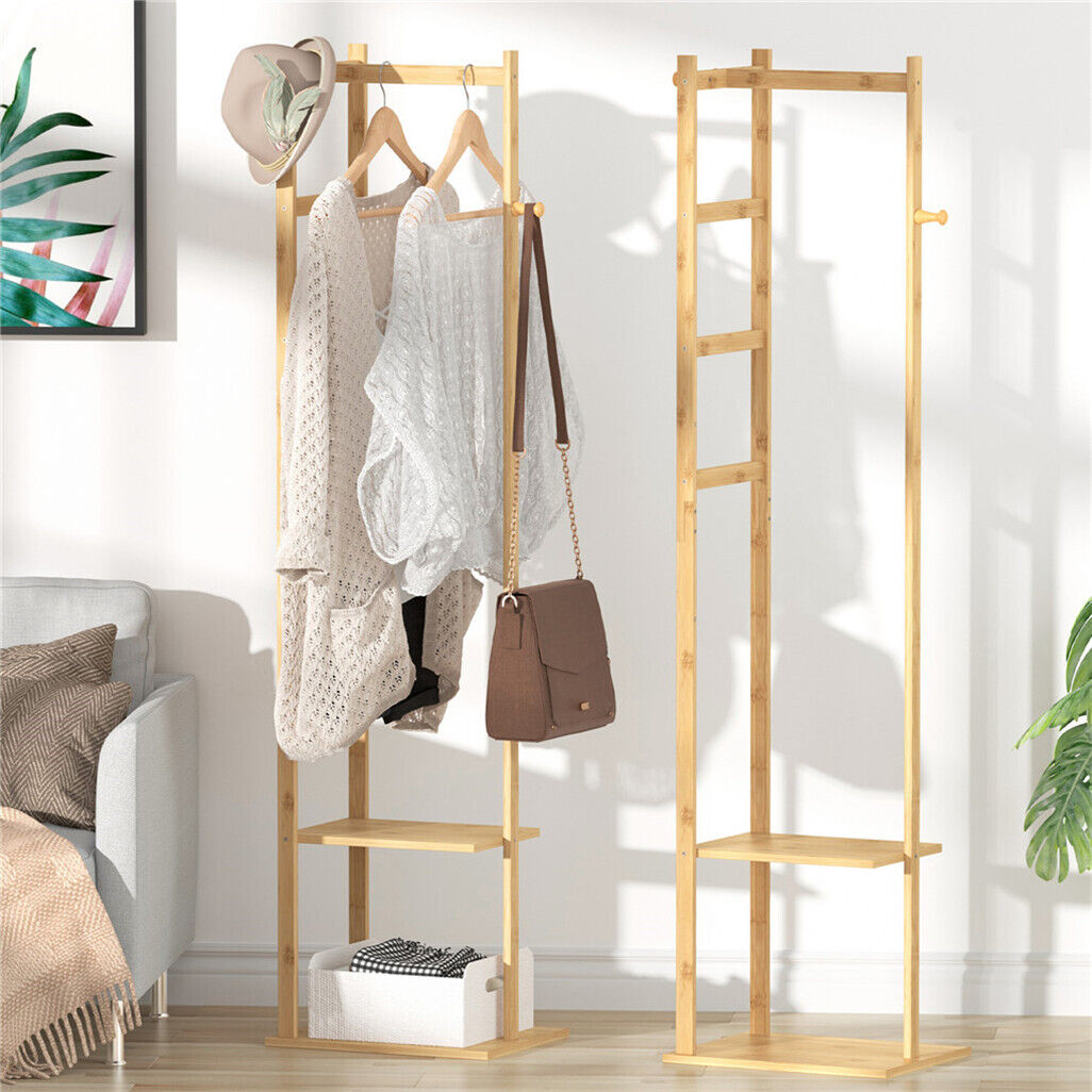 P&P Premium Bamboo Coat Stand Corner Clothes Rack Garment Shelf Hanging Rail Hooks