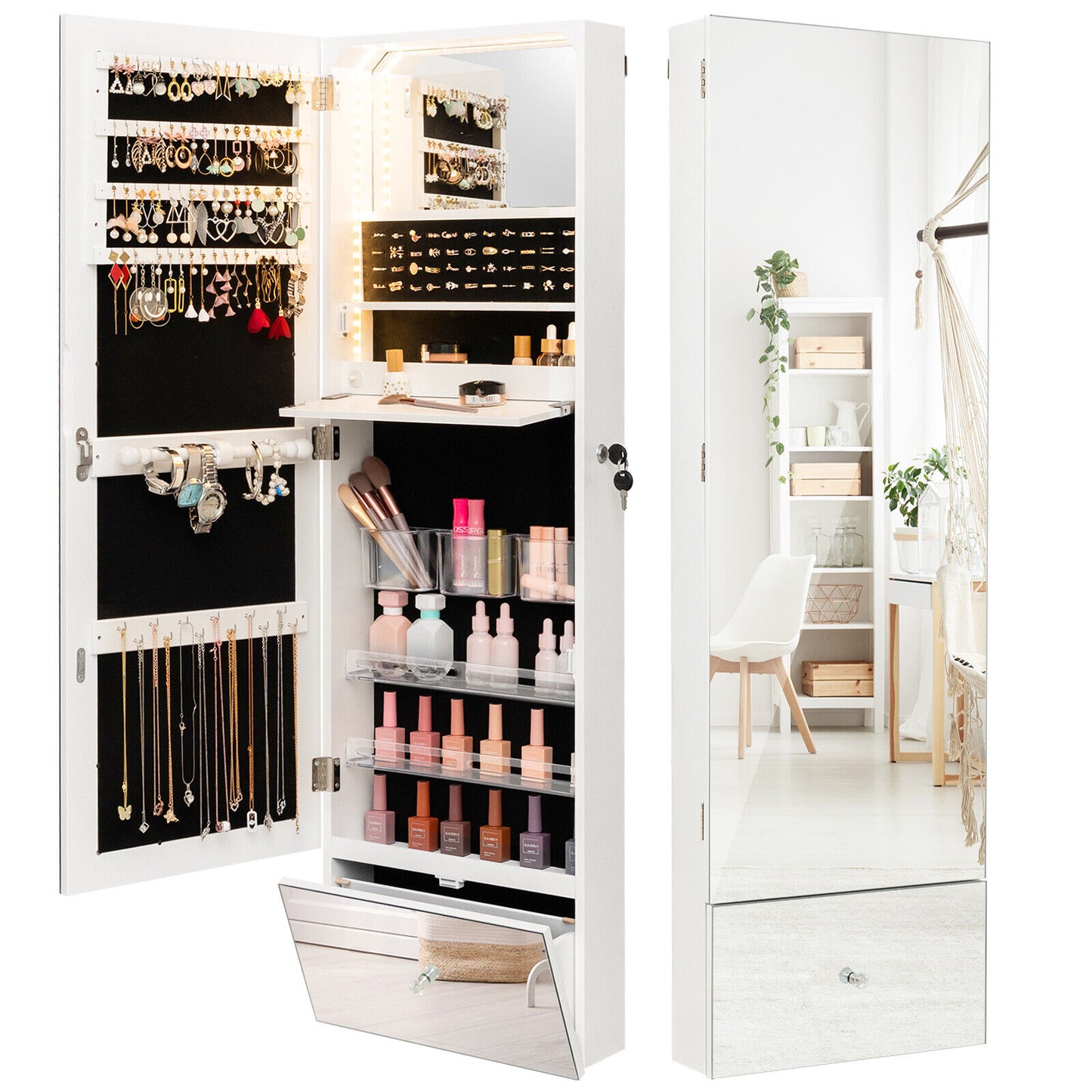 Wall-Mounted Jewelry Cabinet with LED Lights and Full-Length Mirror – 120cm