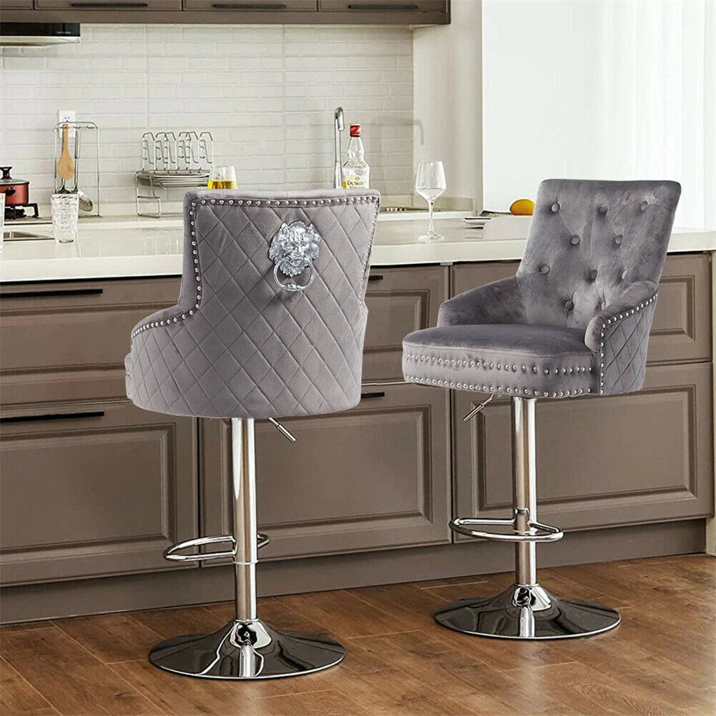 Gray Velvet Swivel Bar Stool With Lion Head Accent And Adjustable Chrome Base