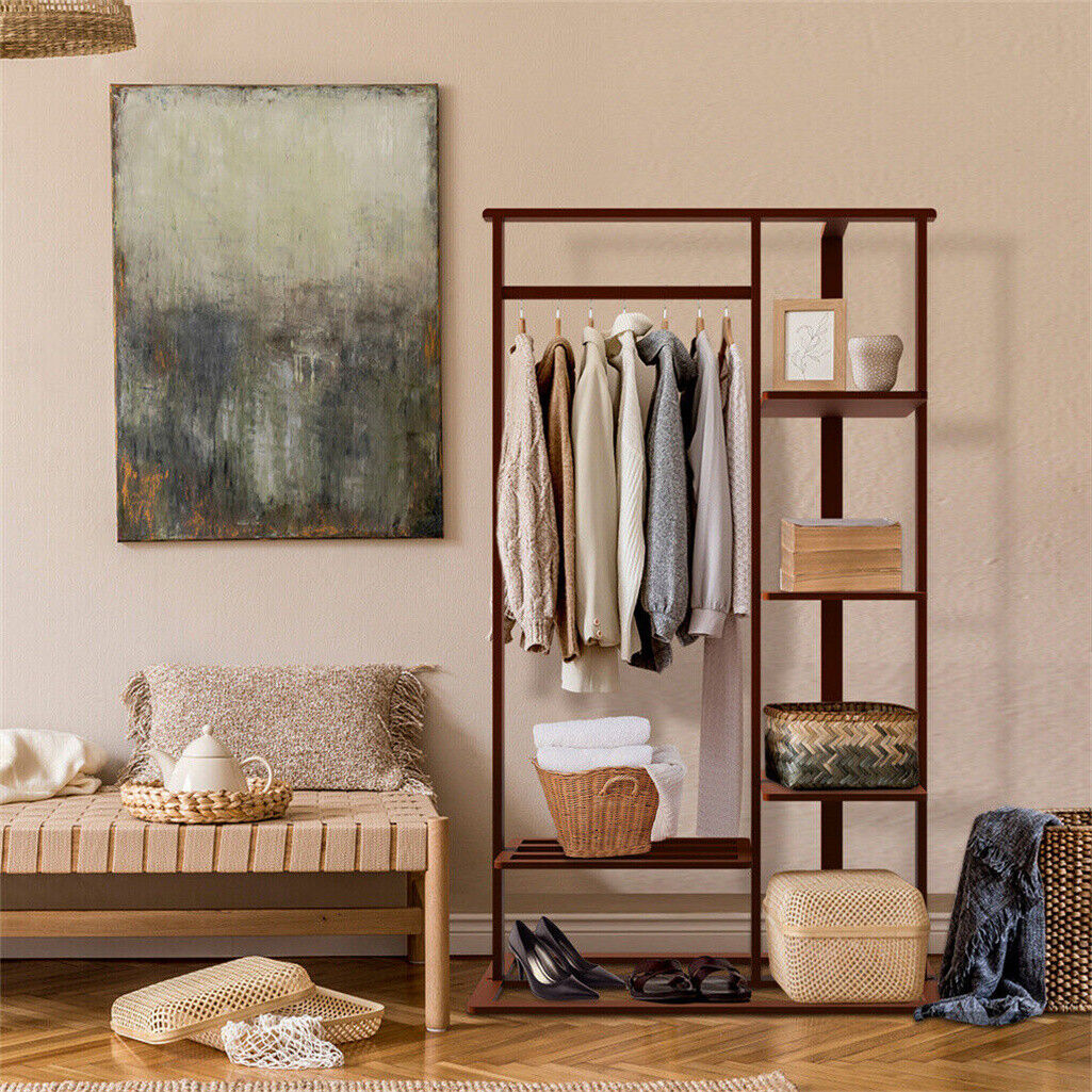 P&P Industrial Vintage Wood Clothes Stand Open Wardrobe with Spacious Storage Shelf