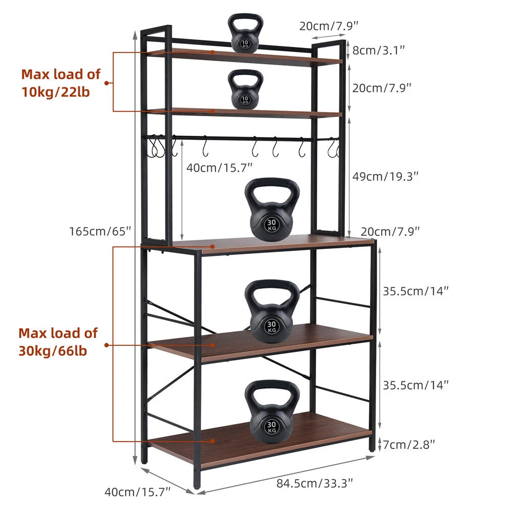 Wood and Metal 5-Tier Bakers Rack with Microwave Stand and Storage Shelves