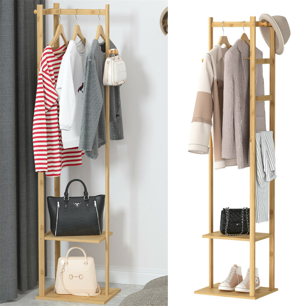 P&P Versatile 3-in-1 Bamboo Coat Hanger Stand Large Capacity Garment Rack w/ Shelves
