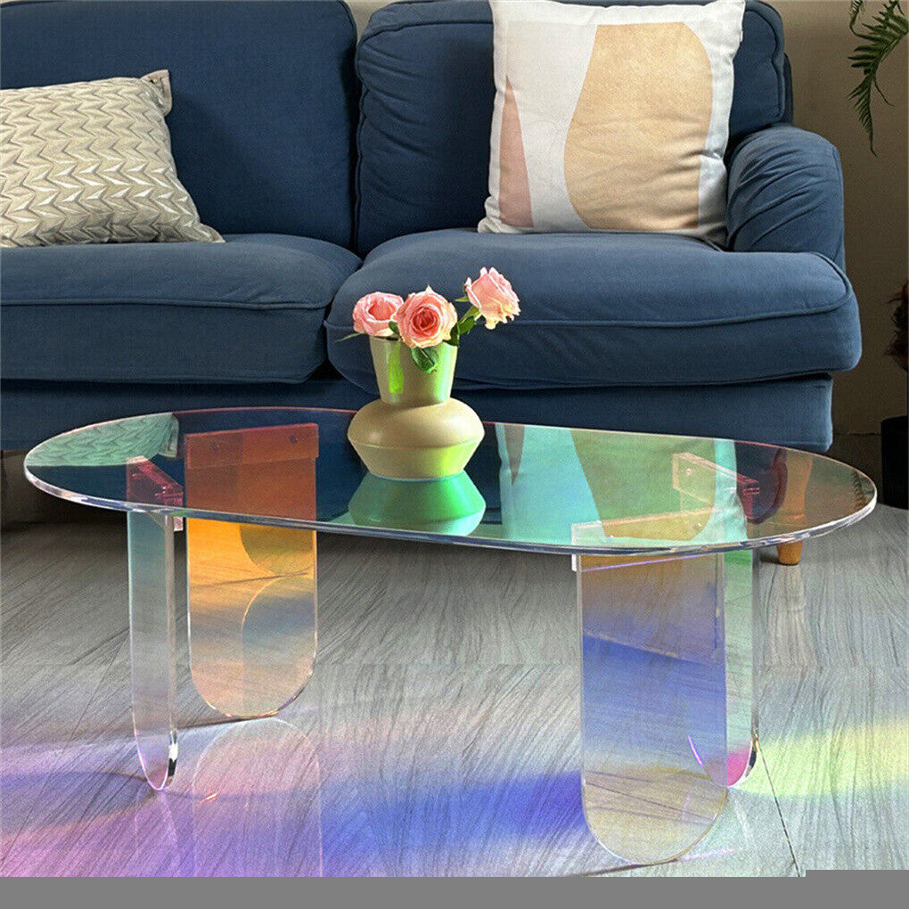 P&P Colorful Acrylic Coffee Table Iridescent Glass End Side Table Oval Accent Table
