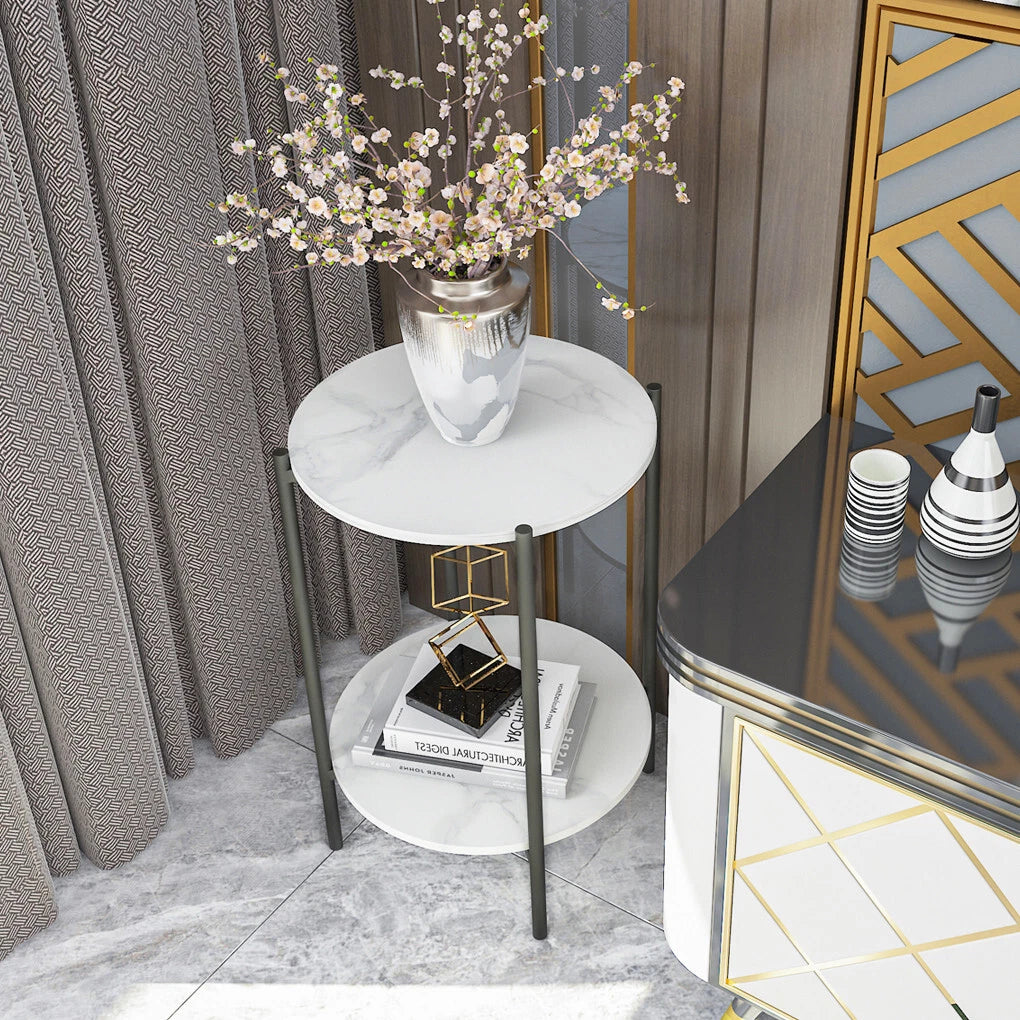 High Gloss Marble Top End Table Coffee Side Table W Rustproof Solid Iron Frame