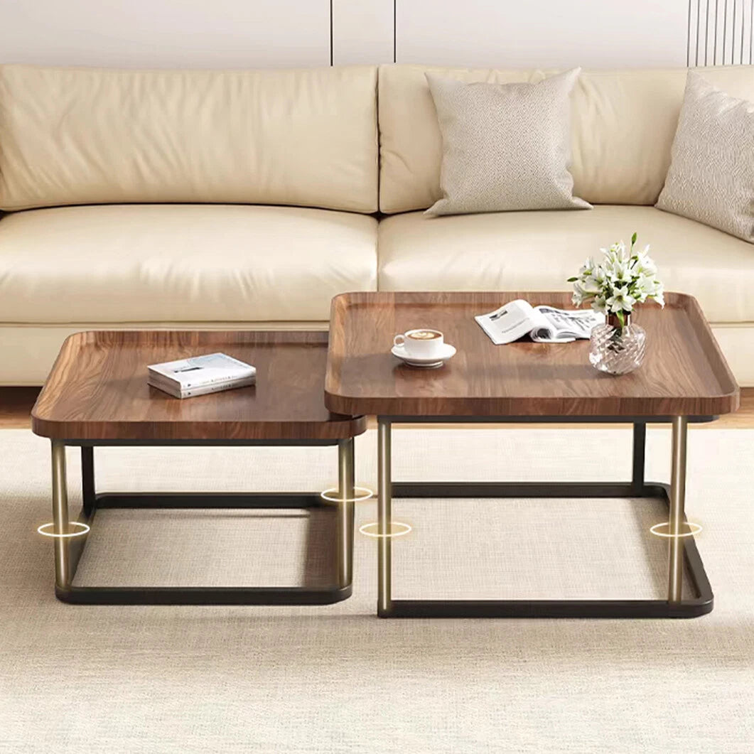 Walnut and Black Square Nesting Coffee Table Set with Industrial Charm