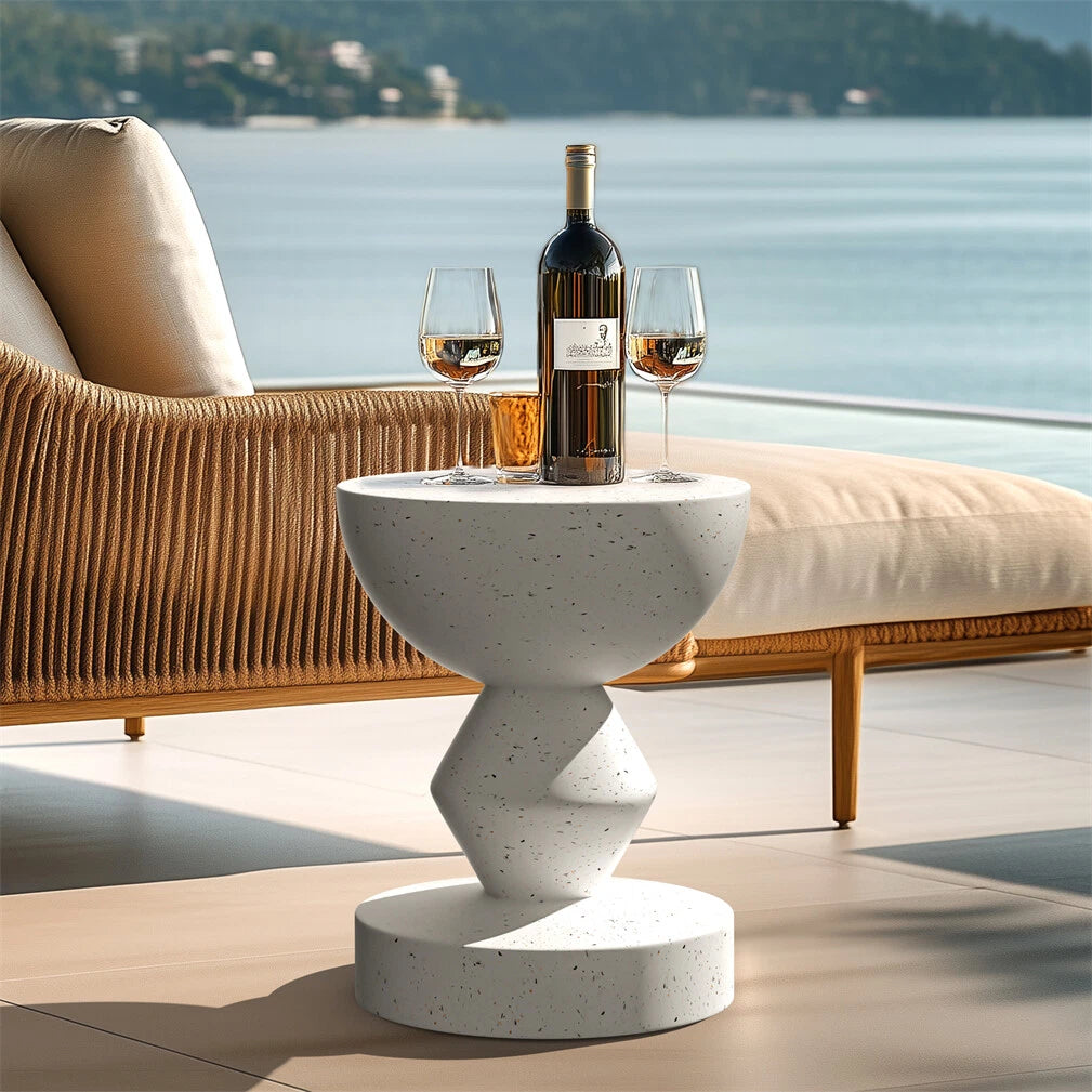 White Concrete Side Table With Sculpted Design For Indoor Or Patio Use