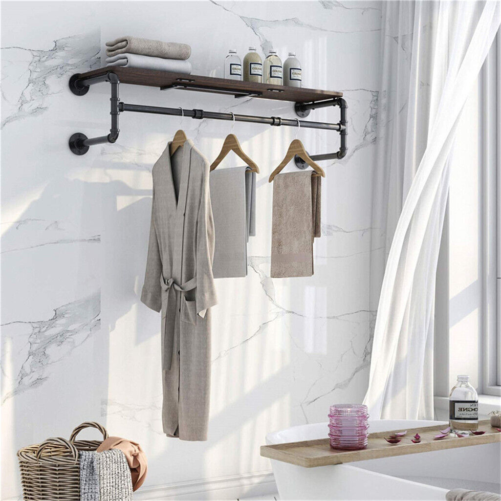P&P 104cm Pipe Clothes Rail Wall Mounted Garment Hanging Rack Wardorbe with Shelf
