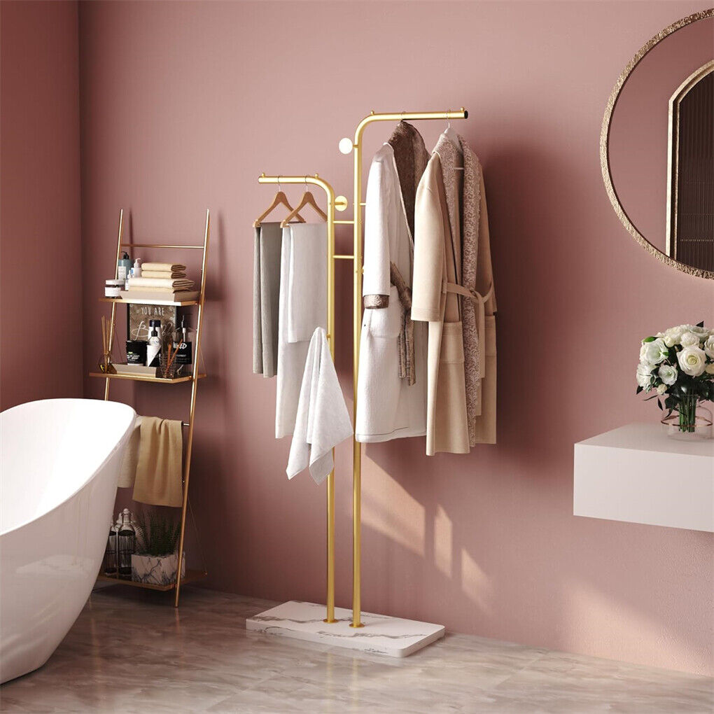 P&P Gold Double-pole Coat Rack Sturdy Marble Base Stand Freestanding Hall Tree wHook