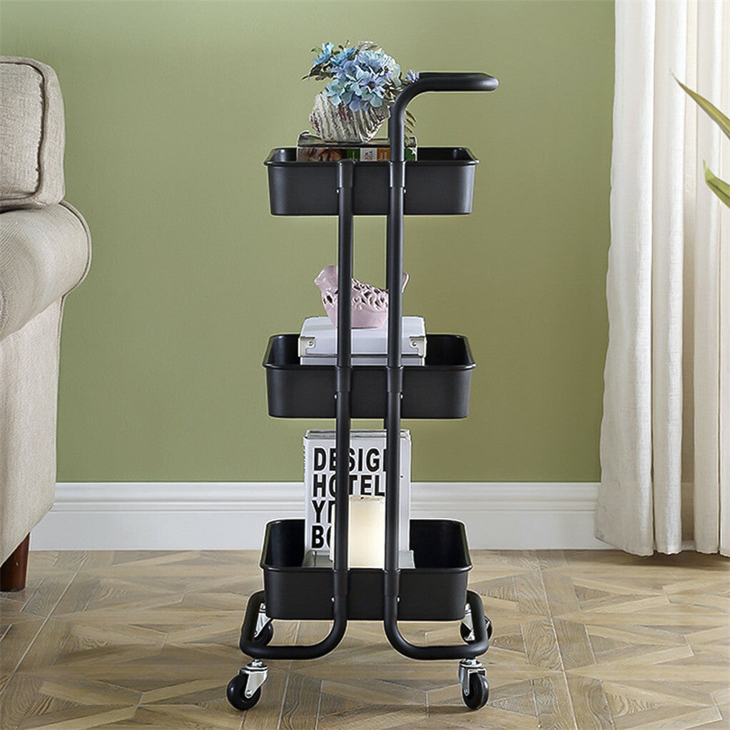 P&P 3-Tier Rolling Cart Basket Storage Serving Trolley Organiser w/ Ergonomic Handle