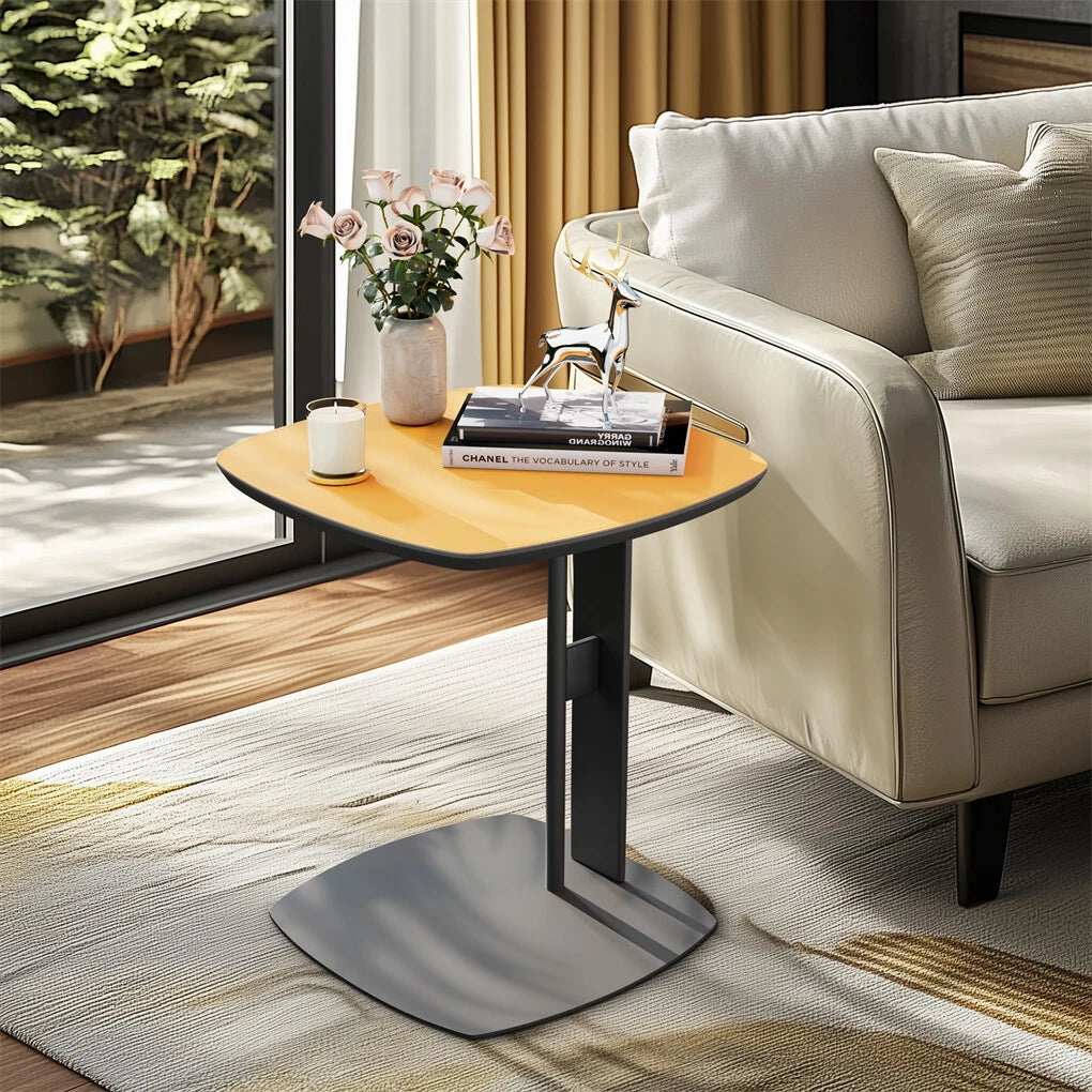 Orange Saddle Leather C-Shaped Square Side Table With Black Iron Frame