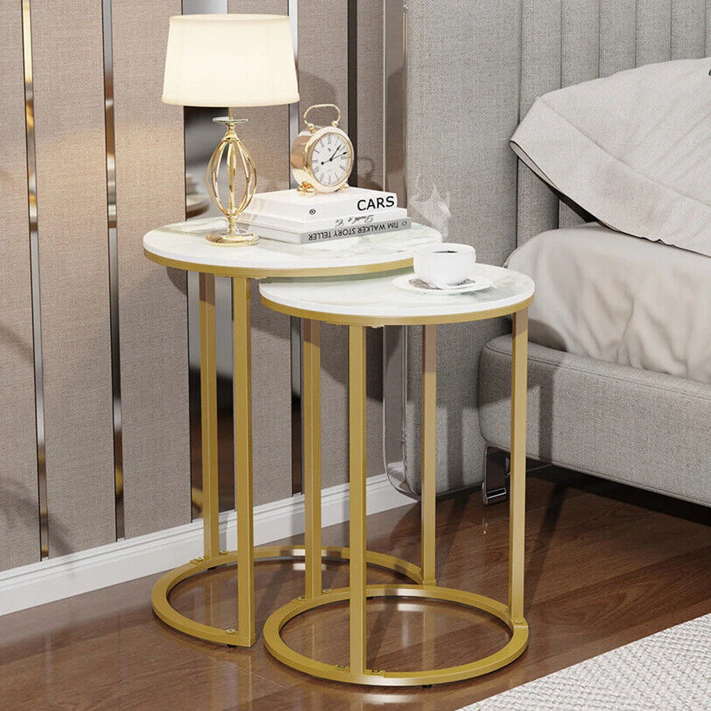 White Set of 2 Sintered Stone Nesting Side Tables With Gold Metal Legs