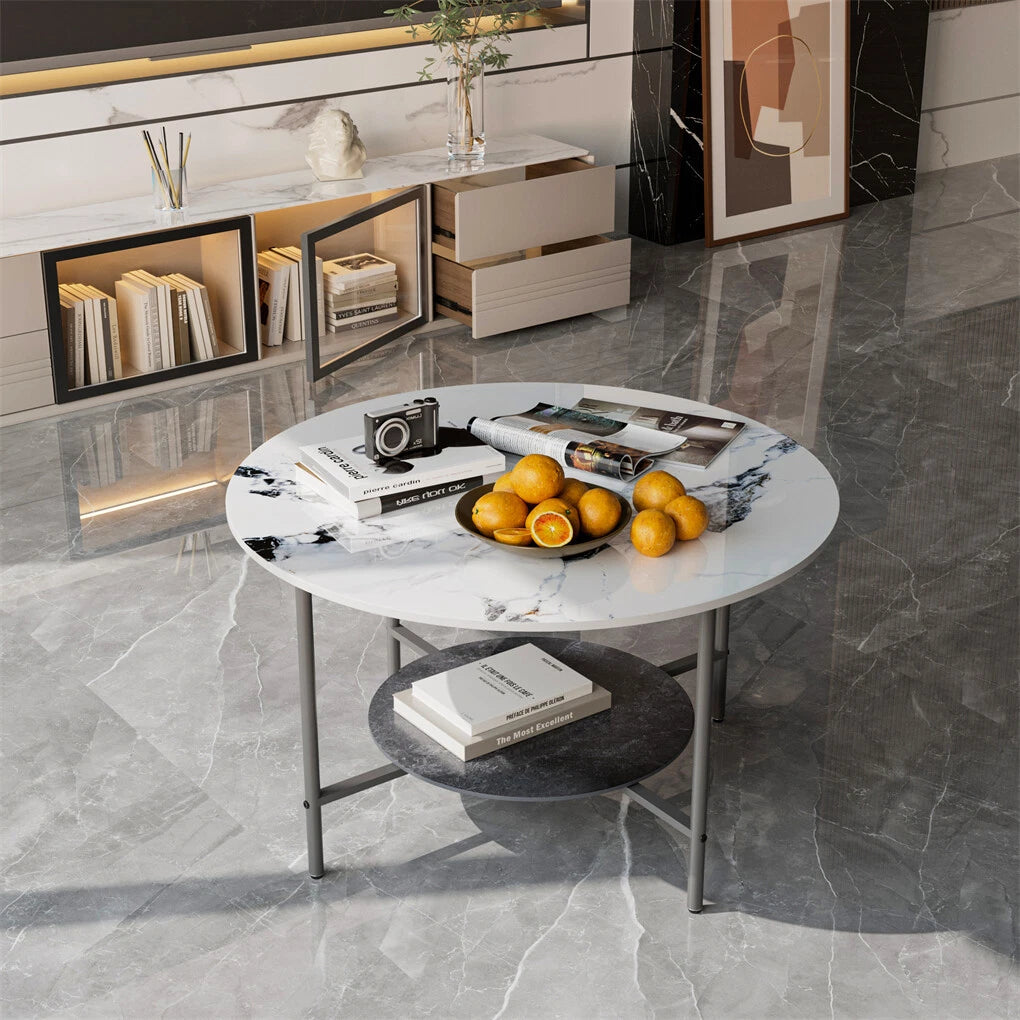 White & Black Round Coffee Table with 2?Tier Sintered Stone & Storage