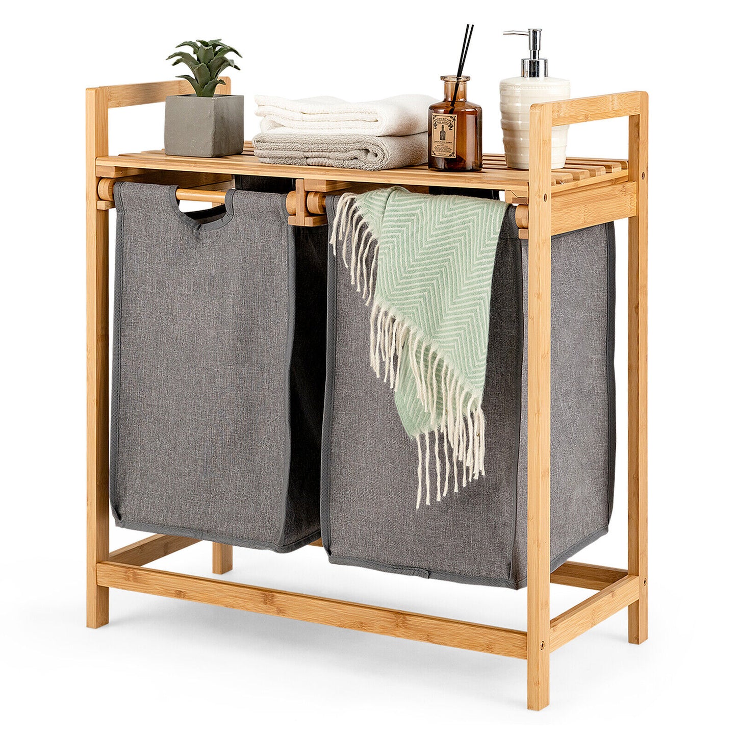 Bamboo shelf laundry hamper with washing bags