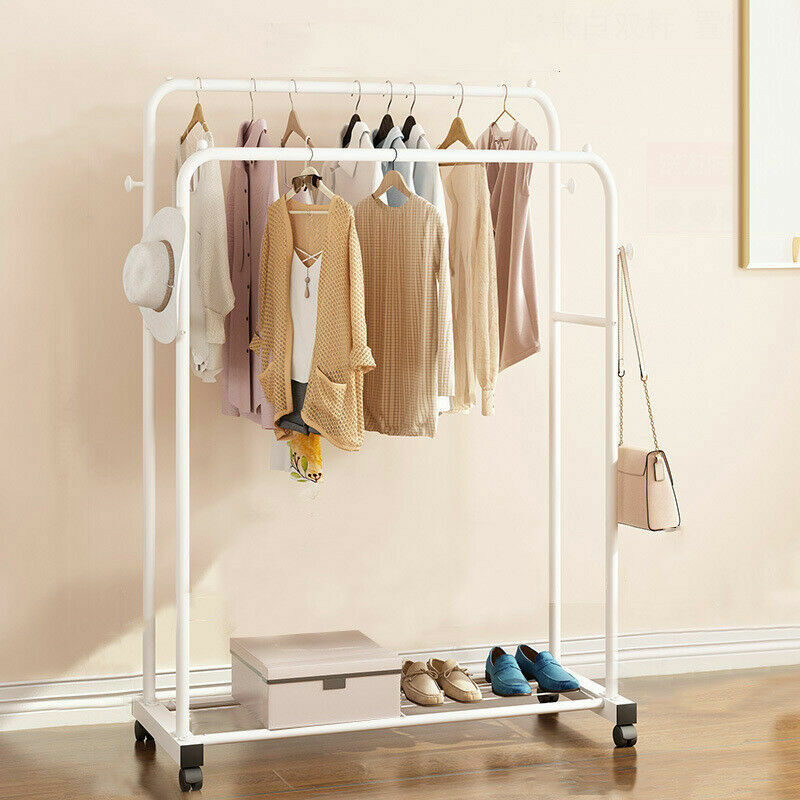 P&P Heavy Duty Double Clothes Rail Rack Garment Hanging Display Stand 4 Wheel Armoir