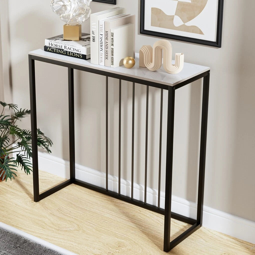 White Grey Sintered Stone Console Table With Sleek Modern Metal Legs