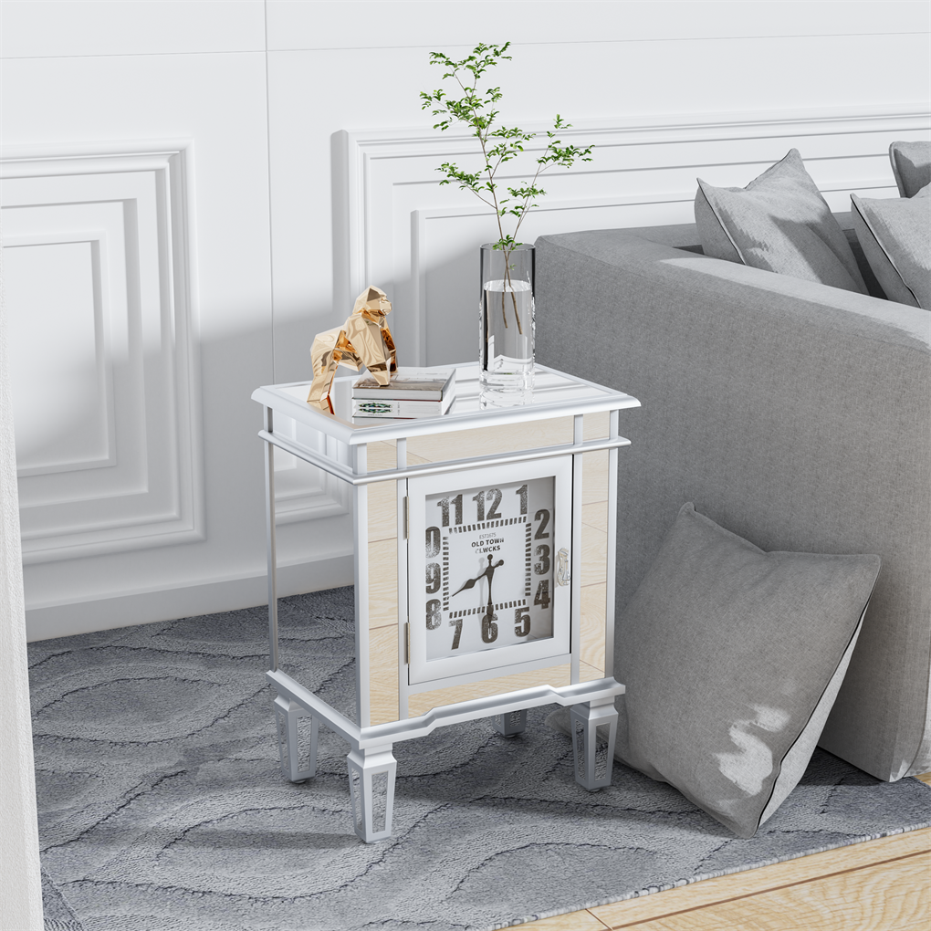 Luxury Mirrored End Table with Clock Accent
