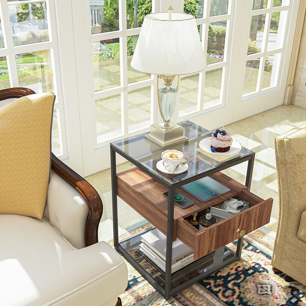 XL 3-Tier Tempered Glass Side Table with Drawer & Shelves