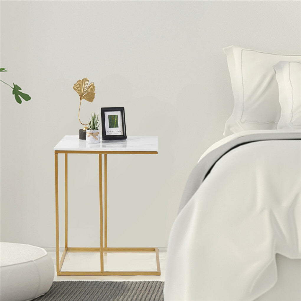 P&P Solid Real Marble End Table Gold Metal C Shaped Frame Coffee Sofa Bedside Table