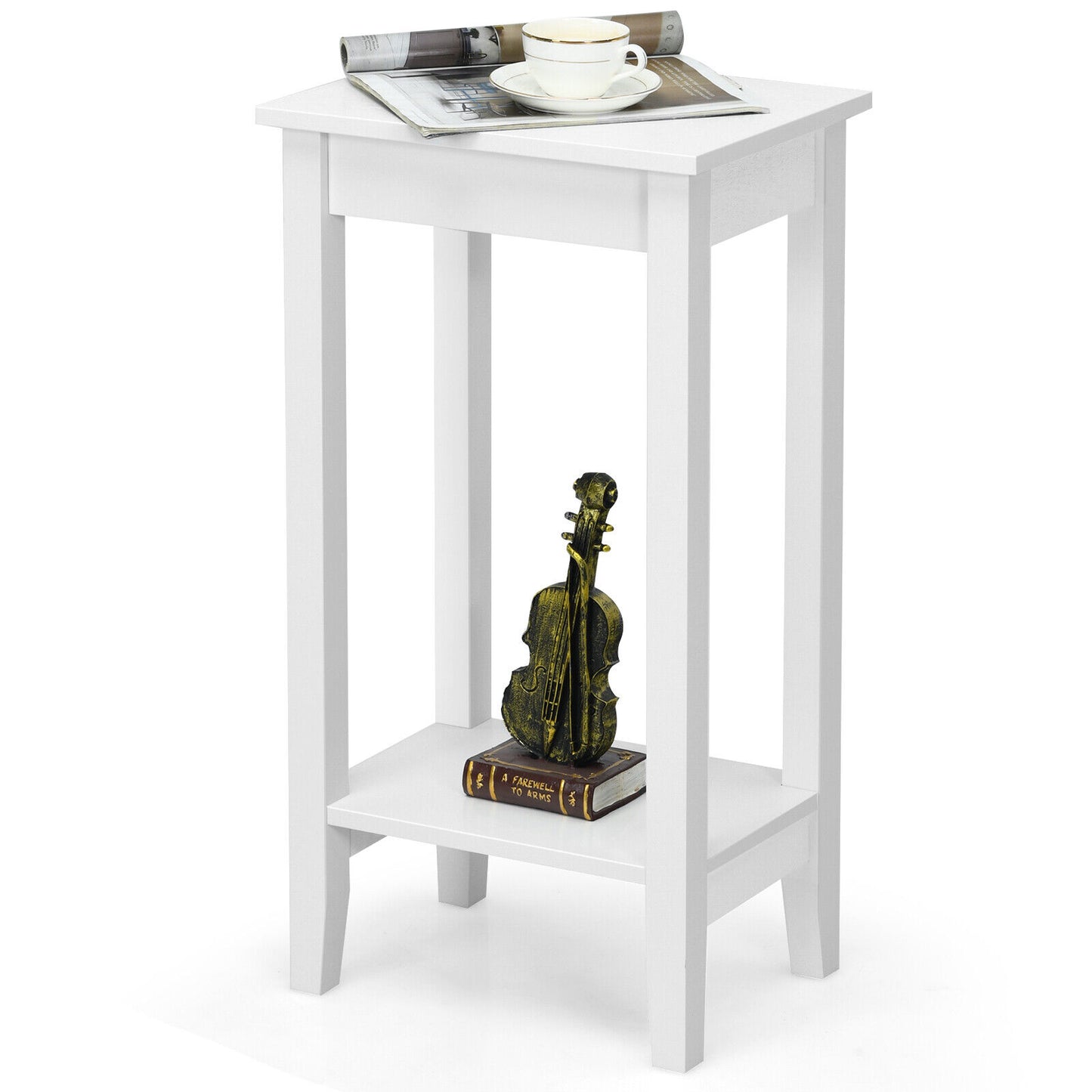 White 2-Tier Nightstand with Wooden Legs for Bedroom