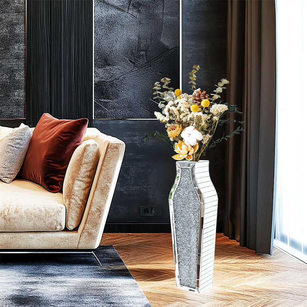 P&P Luxury Mirrored Floor Flower Vase Silver Crushed Diamond Glass Vase Living Room