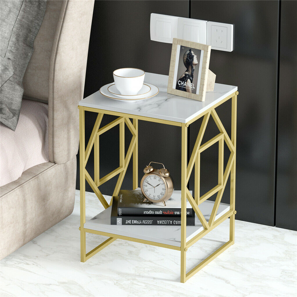 P&P Coffee Table Round Side End Tables Bedside Marble Effect Gold Metal Frame 58CM