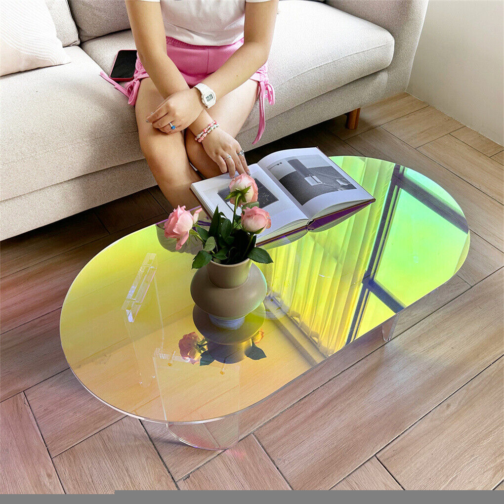 P&P Colorful Acrylic Coffee Table Iridescent Glass End Side Table Oval Accent Table
