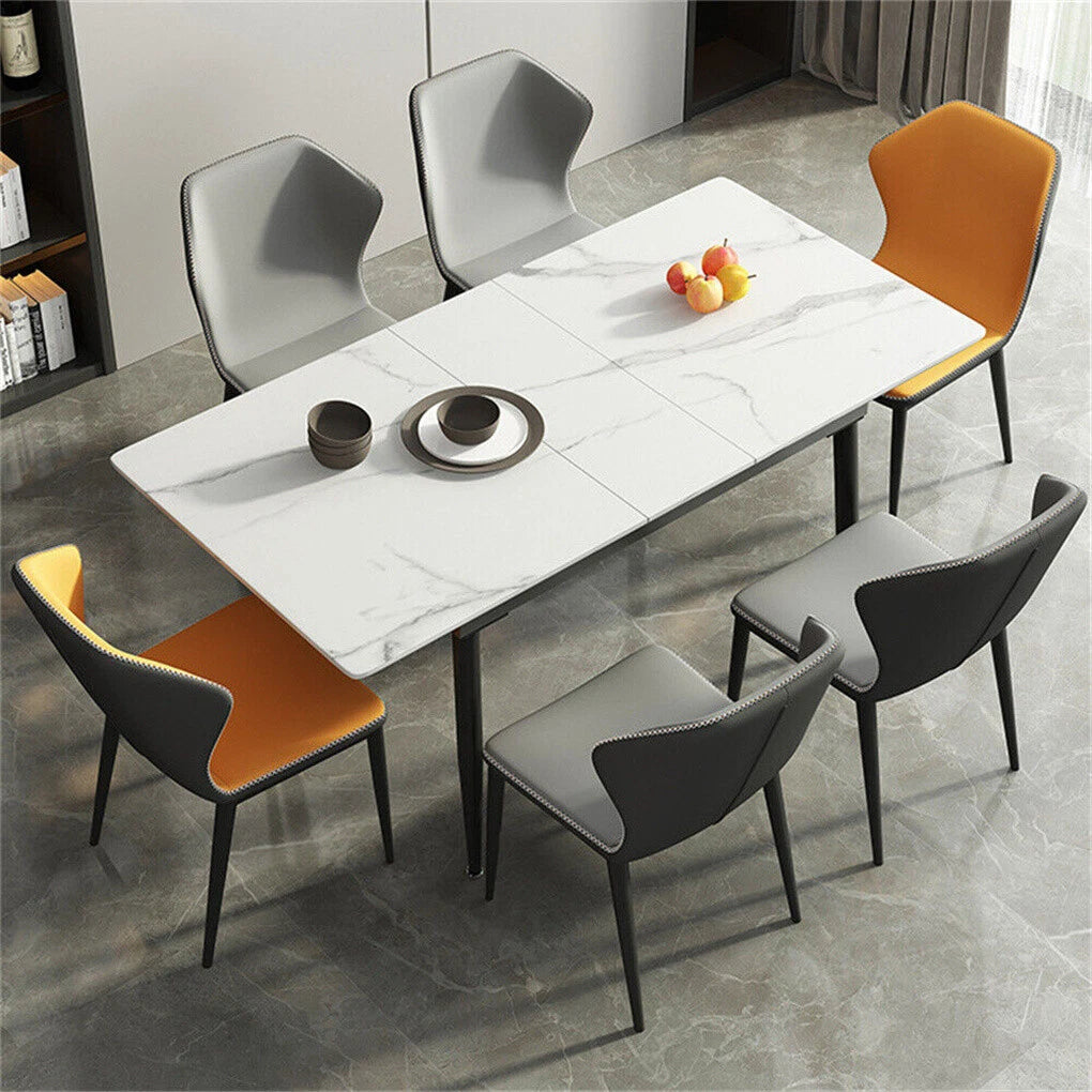 Glossy White Extendable Sintered Stone Dining Table With Sleek Metal Frame