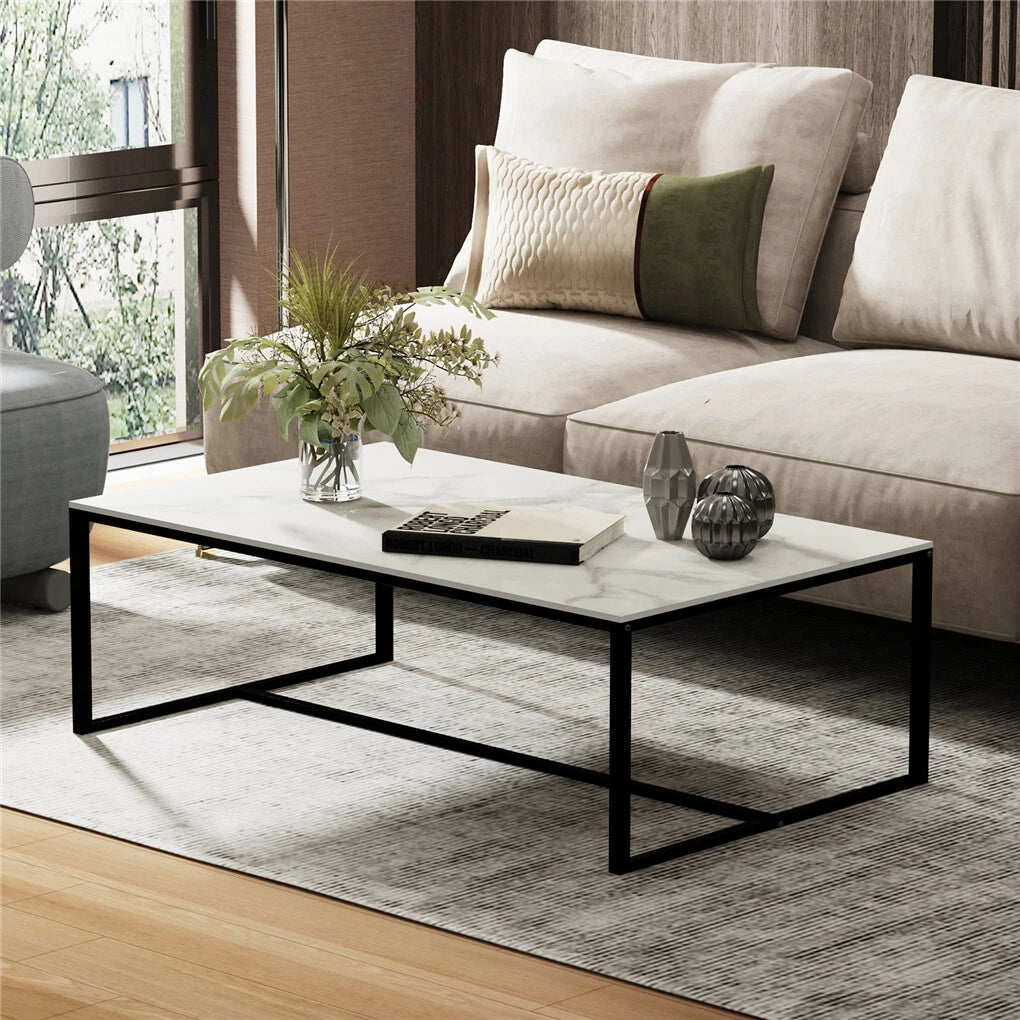 White Sintered Stone Rectangular Coffee Table with Minimalist Metal Frame