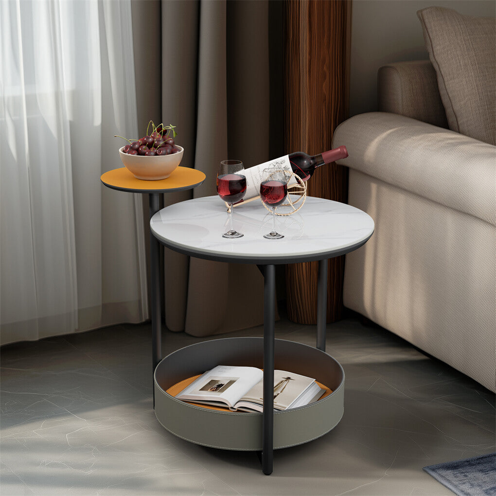 P&P 3Tier Unique Sofa Side End Table Sintered Stone-top Accent Table w Leather Shelf