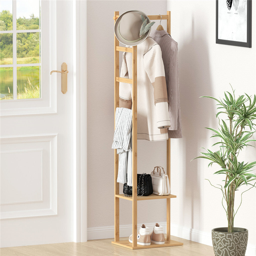 P&P Heavy Duty Bamboo Coat Stand Freestanding Corner Clothes Rack w/ Hook & Shelves