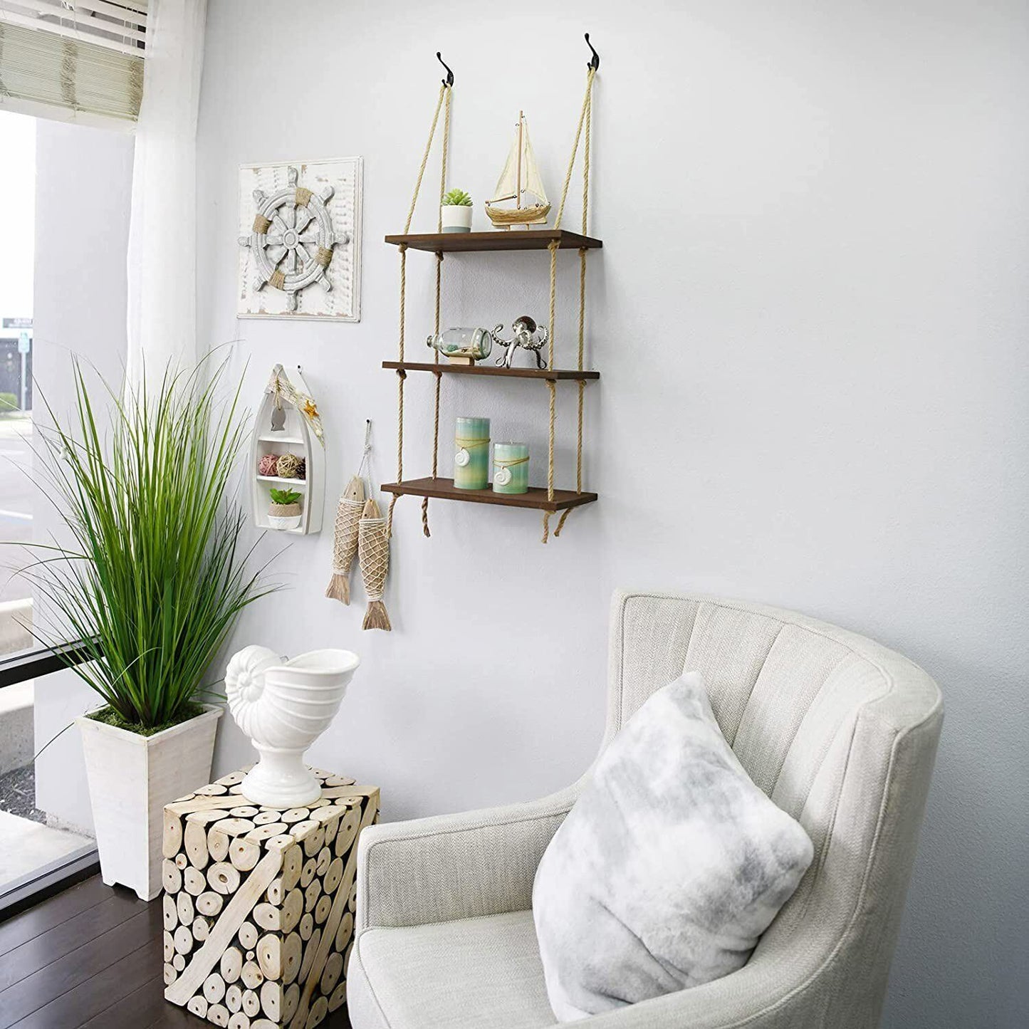 P&P Heavy Duty Wall Hanging Rope Shelf Wooden Swing Storage Shelves Organizer Rack