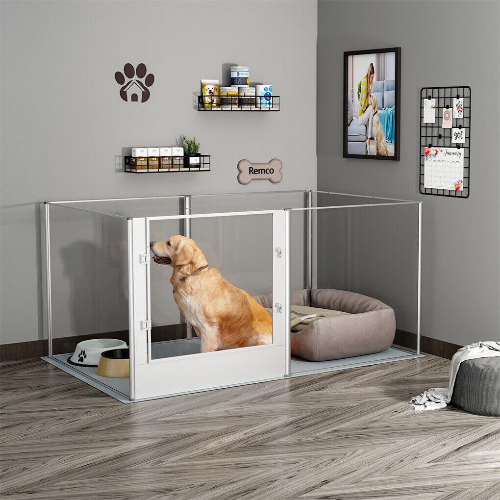P&P 6 Panels Large Acrylic Dog Playpen Fence Lockable Thicken Pet Whelping Box w Mat