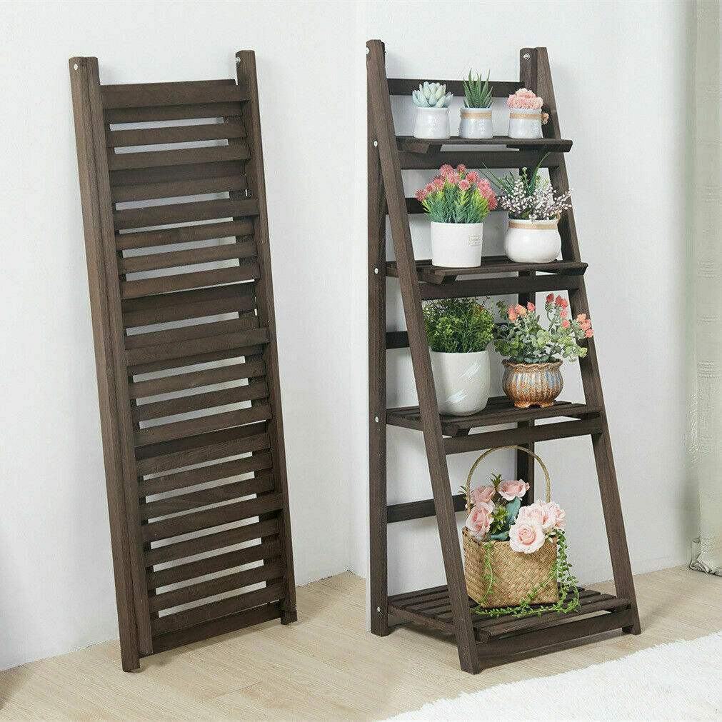 P&P 4Tier Ladder Shelf Wooden Leaning Bookshelf Tall Standing Flower Stand Plant Rac